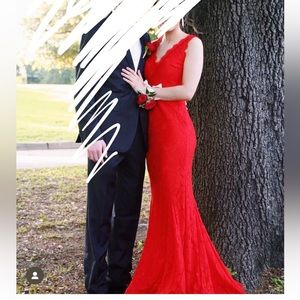 literally stunning red lace dress with mermaid flare at bottom
